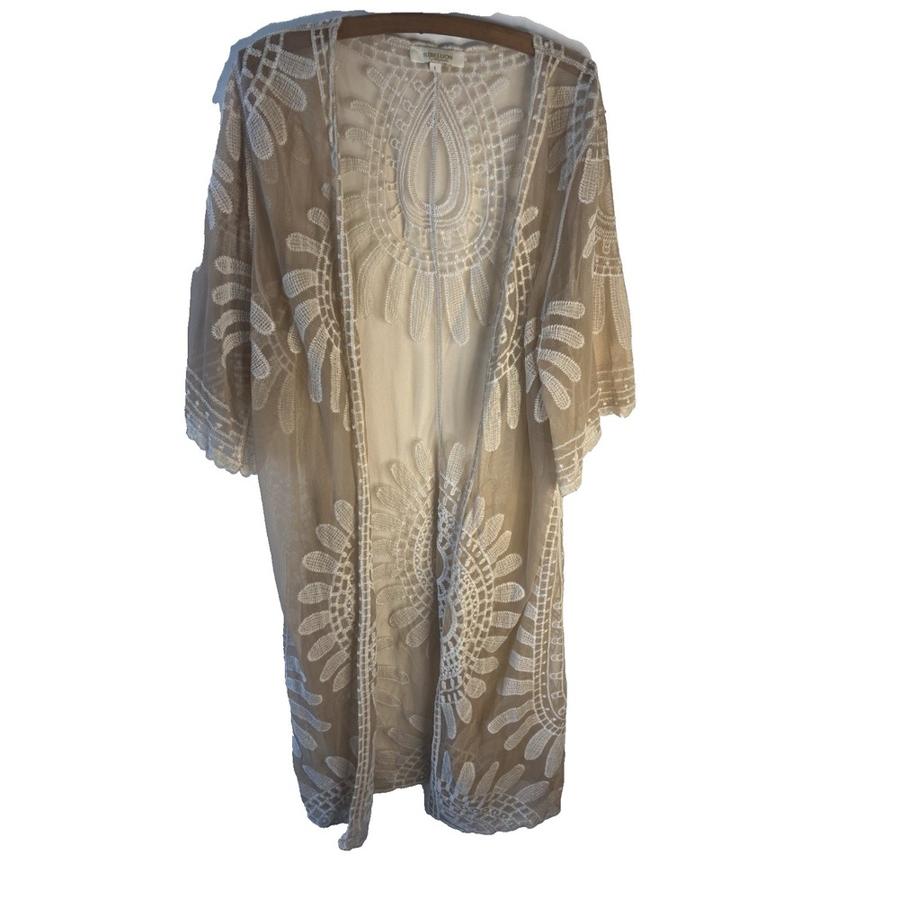 Rebellion Sheer Boho Embroidered Blush Kimono Open Front Cardigan Duster Women L